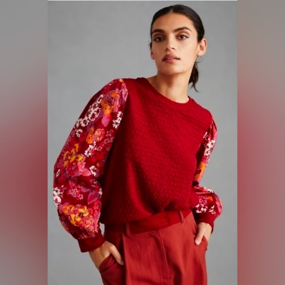 Anthropologie Porridge Floral Sleeves Textured Sweatshirt 1X